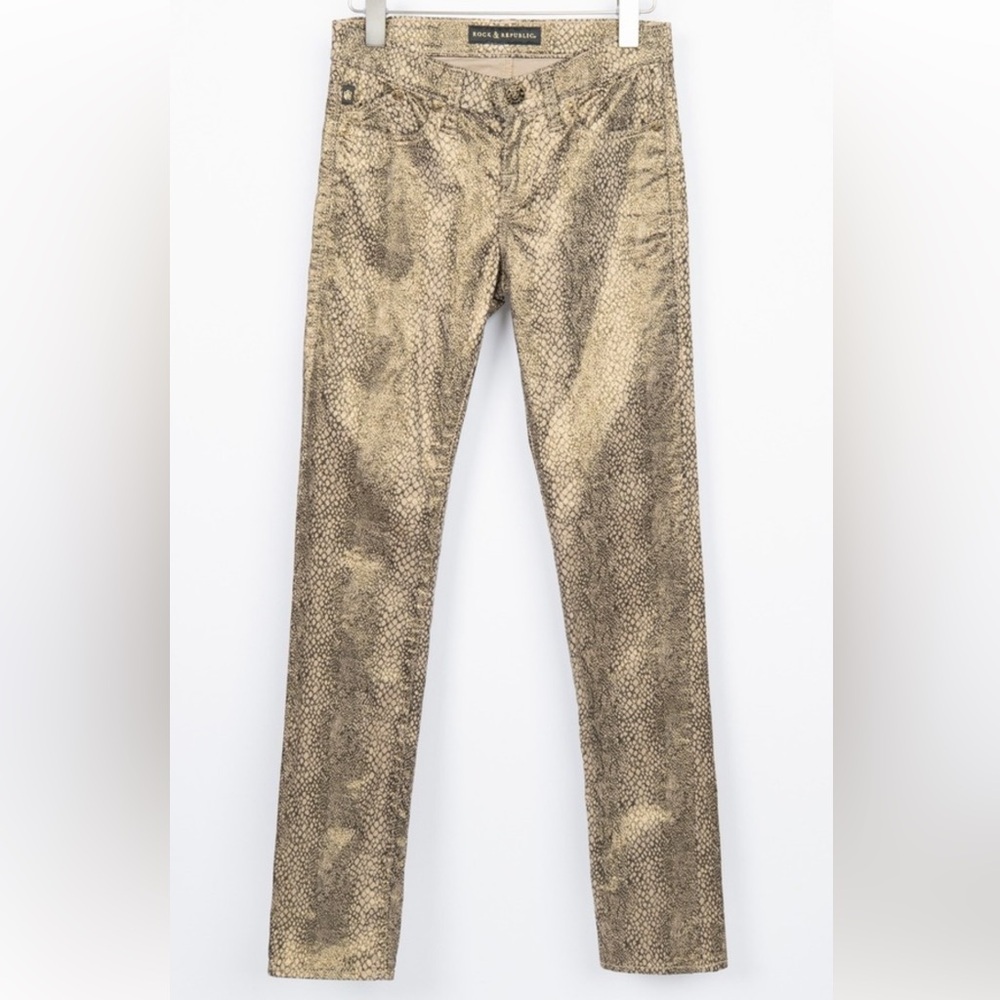 Rock & Republic Women’s Berlin Metallic Gold SkinnySnake Print Pants Sz 8M NWOT